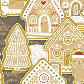 Gingerbread Dogs Village- Bark Brown Background- Gingerbread Coookies- Vintage Christmas- Holidays- Christmas Tree- Bichon-  Corgi- Bichon- Pug- Poodle- Medium
