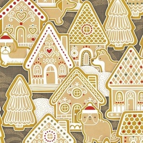 Gingerbread Dogs Village- Bark Brown Background- Gingerbread Coookies- Vintage Christmas- Holidays- Christmas Tree- Bichon-  Corgi- Bichon- Pug- Poodle- Small