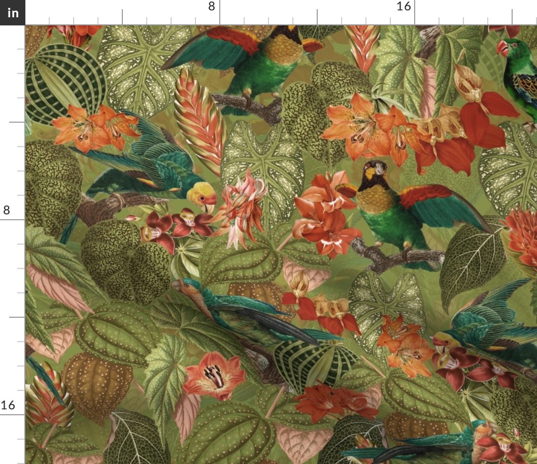 Lush vintage nostalgic watercolor leaves -Tropical flowers and bird antiqued fabric,  botany garden, wallpaper sage green