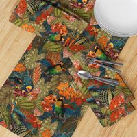 Lush vintage nostalgic watercolor leaves -Tropical flowers and bird antiqued fabric,  botany garden, wallpaper blue