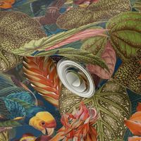 Lush vintage nostalgic watercolor leaves -Tropical flowers and bird antiqued fabric,  botany garden, wallpaper blue