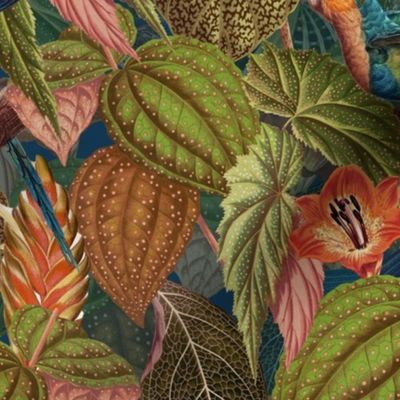 Lush vintage nostalgic watercolor leaves -Tropical flowers and bird antiqued fabric,  botany garden, wallpaper blue