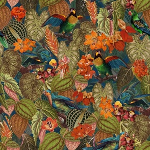 Lush vintage nostalgic watercolor leaves -Tropical flowers and bird antiqued fabric,  botany garden, wallpaper blue