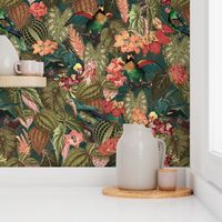Lush vintage nostalgic watercolor leaves -Tropical flowers and bird antiqued fabric,  botany garden, wallpaper teal