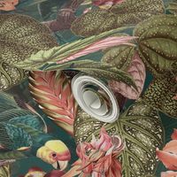 Lush vintage nostalgic watercolor leaves -Tropical flowers and bird antiqued fabric,  botany garden, wallpaper teal