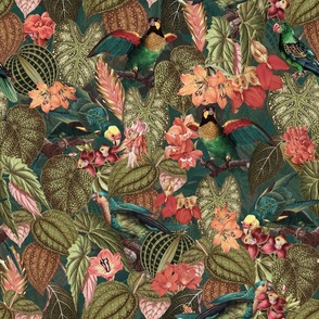 Lush vintage nostalgic watercolor leaves -Tropical flowers and bird antiqued fabric,  botany garden, wallpaper teal