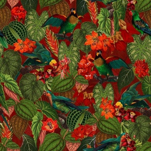Lush vintage nostalgic watercolor leaves -Tropical flowers and bird antiqued fabric,  botany garden, wallpaper contrast red