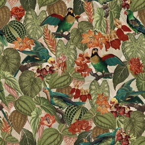 Lush vintage nostalgic watercolor leaves -Tropical flowers and bird antiqued fabric,  botany garden, wallpaper sepia tanned