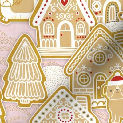 Gingerbread Dogs Village- Cotton Candy Pink Background- Gingerbread Coookies- Vintage Christmas- Holidays- Christmas Tree- Bichon-  Corgi- Bichon- Pug- Poodle- Medium