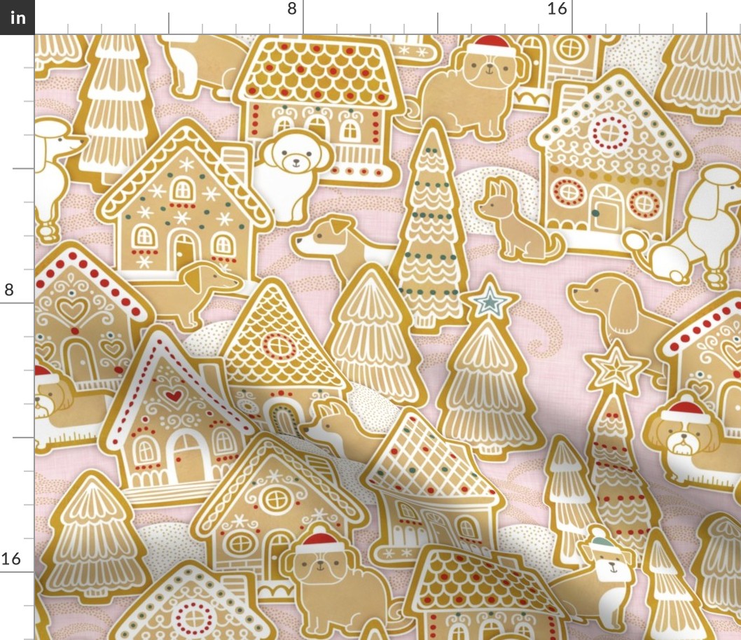 Gingerbread Dogs Village- Cotton Candy Pink Background- Gingerbread Coookies- Vintage Christmas- Holidays- Christmas Tree- Bichon-  Corgi- Bichon- Pug- Poodle- Medium