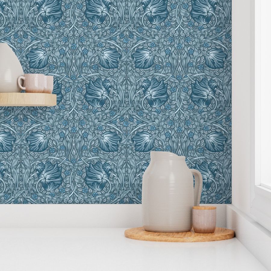 Pimpernel By William Morris- Medium - Perfect Glamour for Heritage, English Cottage, A New Farmhouse - Grandmillennial Opulent Victorian Pimpernell Flowers For Luxury Elegant Home Decor and Wallpaper -Blue Gray White