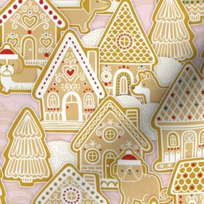 Gingerbread Dogs Village- Cotton Candy Pink Background- Gingerbread Coookies- Vintage Christmas- Holidays- Christmas Tree- Bichon-  Corgi- Bichon- Pug- Poodle- Small