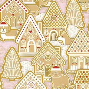 Gingerbread Dogs Village- Cotton Candy Pink Background- Gingerbread Coookies- Vintage Christmas- Holidays- Christmas Tree- Bichon-  Corgi- Bichon- Pug- Poodle- Small