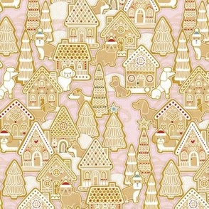 Gingerbread Dogs Village- Cotton Candy Pink Background- Gingerbread Coookies- Vintage Christmas- Holidays- Christmas Tree- Bichon-  Corgi- Bichon- Pug- Poodle- sMini