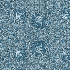 Pimpernel - LARGE - historic damask by William Morris - blue gray adaption, Pimpernell Antiqued art nouveau deco,Tea Towel