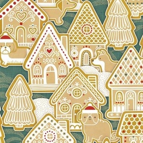 Gingerbread Dogs Village- Pine Green Background- Gingerbread Coookies- Vintage Christmas- Holidays- Christmas Tree- Bichon-  Corgi- Bichon- Pug- Poodle- Small