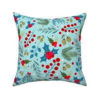 Large Scale Scandinavian Winter Holiday Floral on Soft Blue