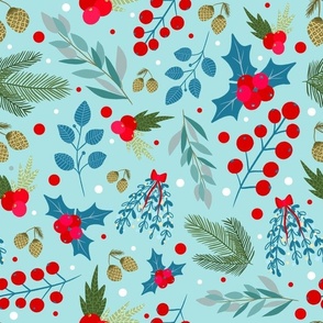 Large Scale Scandinavian Winter Holiday Floral on Soft Blue