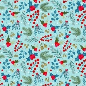 Small Scale Scandinavian Winter Holiday Floral on Soft Blue