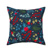 Large Scale Scandinavian Winter Holiday Floral on Navy