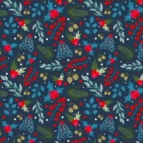 Small Scale Scandinavian Winter Holiday Floral on Navy