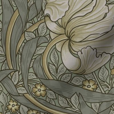 Pimpernel - LARGE - historic heritage damask by William Morris - sage gray linen adaption, Pimpernell Antiqued art nouveau art deco,