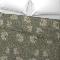 Pimpernel - LARGE - historic heritage damask by William Morris - sage gray linen adaption, Pimpernell Antiqued art nouveau art deco,