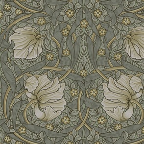 Pimpernel - LARGE - historic damask by William Morris - sage gray linen adaption, Pimpernell Antiqued art nouveau art deco,