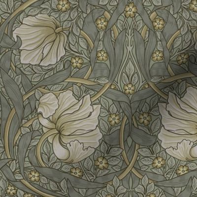 Pimpernel - SMALL - historic damask by William Morris - sage gray linen adaption  Pimpernell Antiqued art nouveau art deco,