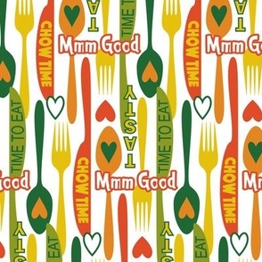 Modern Minimalist Silverware // Spoon, Fork, Knife // Typography // Chow Time, Time to Eat, Mmm Good, Tasty // Yellow, Orange, Red, Green // 684 DPI