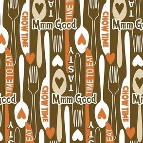 Modern Minimalist Silverware // Spoon, Fork, Knife // Typography // Chow Time, Time to Eat, Mmm Good, Tasty // Brown, Beige, Orange, White // 684 DPI