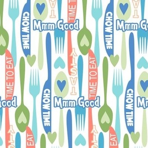 Modern Minimalist Silverware // Spoon, Fork, Knife // Typography // Chow Time, Time to Eat, Mmm Good, Tasty // Blue, Green, Coral, White // V1 // 684 DPI