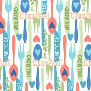 Modern Minimalist Silverware // Spoon, Fork, Knife // Typography // Chow Time, Time to Eat, Mmm Good, Tasty // Blue, Green, Coral, White // V2 // 684 DPI