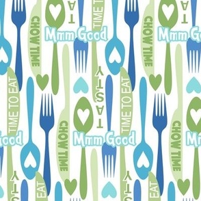Modern Minimalist Silverware // Spoon, Fork, Knife // Typography // Chow Time, Time to Eat, Mmm Good, Tasty // Blue, Green, White // 684 DPI