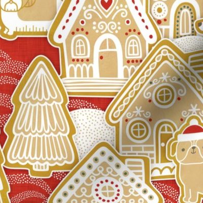 Gingerbread Dogs Village- Poppy Red Background- Gingerbread Coookies- Vintage Christmas- Holidays- Christmas Tree- Bichon-  Corgi- Bichon- Pug- Poodle- Medium