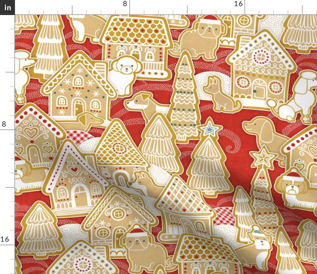 Gingerbread Dogs Village- Poppy Red Background- Gingerbread Coookies- Vintage Christmas- Holidays- Christmas Tree- Bichon-  Corgi- Bichon- Pug- Poodle- Medium