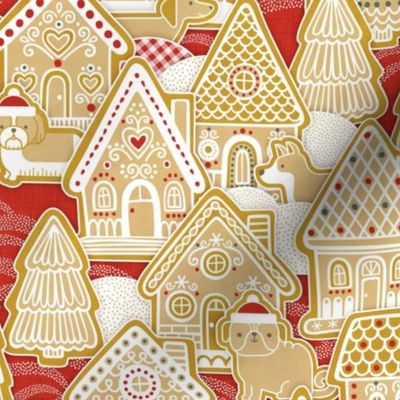 Gingerbread Dogs Village- Poppy Red Background- Gingerbread Coookies- Vintage Christmas- Holidays- Christmas Tree- Bichon-  Corgi- Bichon- Pug- Poodle- Small