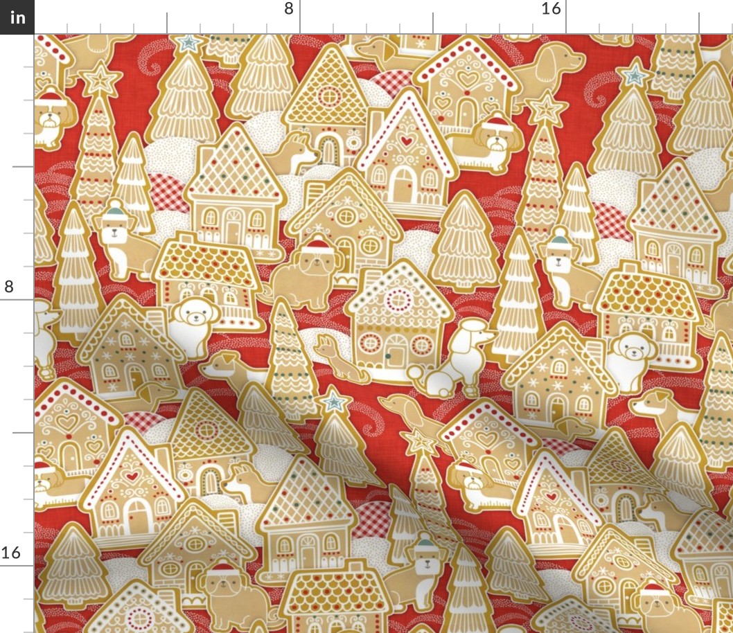 Gingerbread Dogs Village- Poppy Red Background- Gingerbread Coookies- Vintage Christmas- Holidays- Christmas Tree- Bichon-  Corgi- Bichon- Pug- Poodle- Small