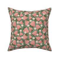 Ditsy Strawberries and Flowers in pink on textured green small berries fruit