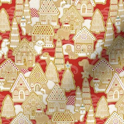 Gingerbread Dogs Village- Poppy Red Background- Gingerbread Coookies- Vintage Christmas- Holidays- Christmas Tree- Bichon-  Corgi- Bichon- Pug- Poodle- sMini