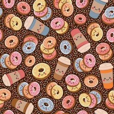 Ditsy kawaii donuts and coffee with sprinkles on a chocolate background