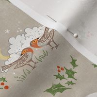 Christmas Birds and Stars | Block printed robins with holly, snow, moons and stars, red robins, holly berries on taupe, Christmas neutrals with robin birds.