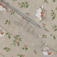 Christmas Birds and Stars | Block printed robins with holly, snow, moons and stars, red robins, holly berries on taupe, Christmas neutrals with robin birds.