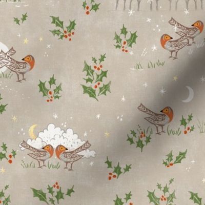 Christmas Birds and Stars | Block printed robins with holly, snow, moons and stars, red robins, holly berries on taupe, Christmas neutrals with robin birds.