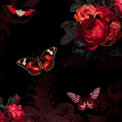Gothic Garden Red Roses and Butterflies