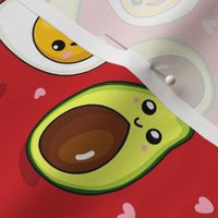 Delicious avocado and egg kawaii style. Sweet Japanese manga faces. Red background. Small scale.