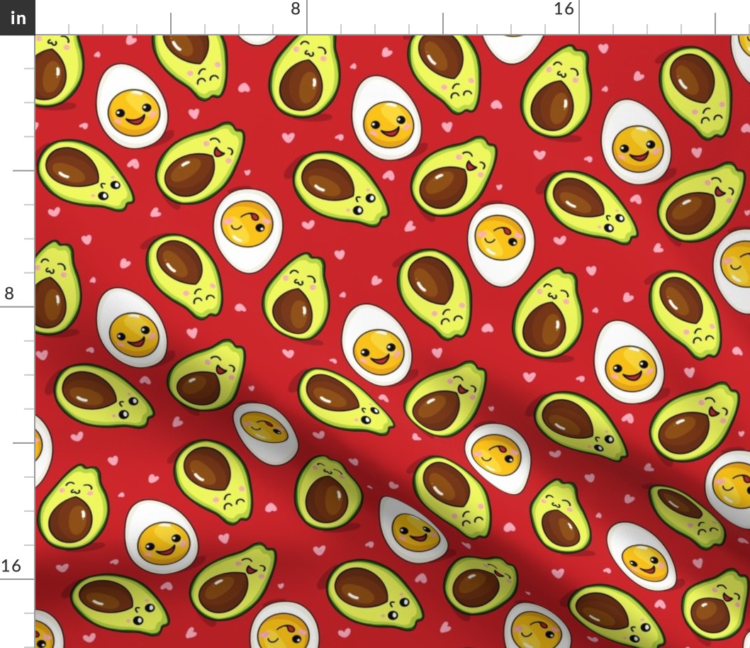 Delicious avocado and egg kawaii style. Sweet Japanese manga faces. Red background. Small scale.