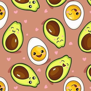 Delicious avocado and egg kawaii style. Sweet Japanese manga faces. Taupe background. Small scale.
