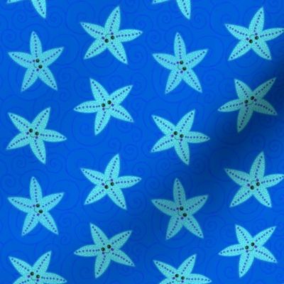 Happy turquoise starfish on blue