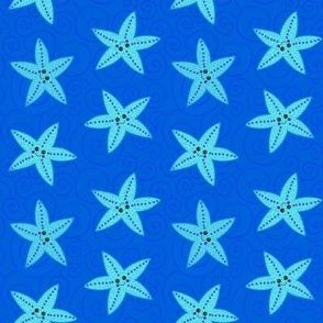 Happy turquoise starfish on blue